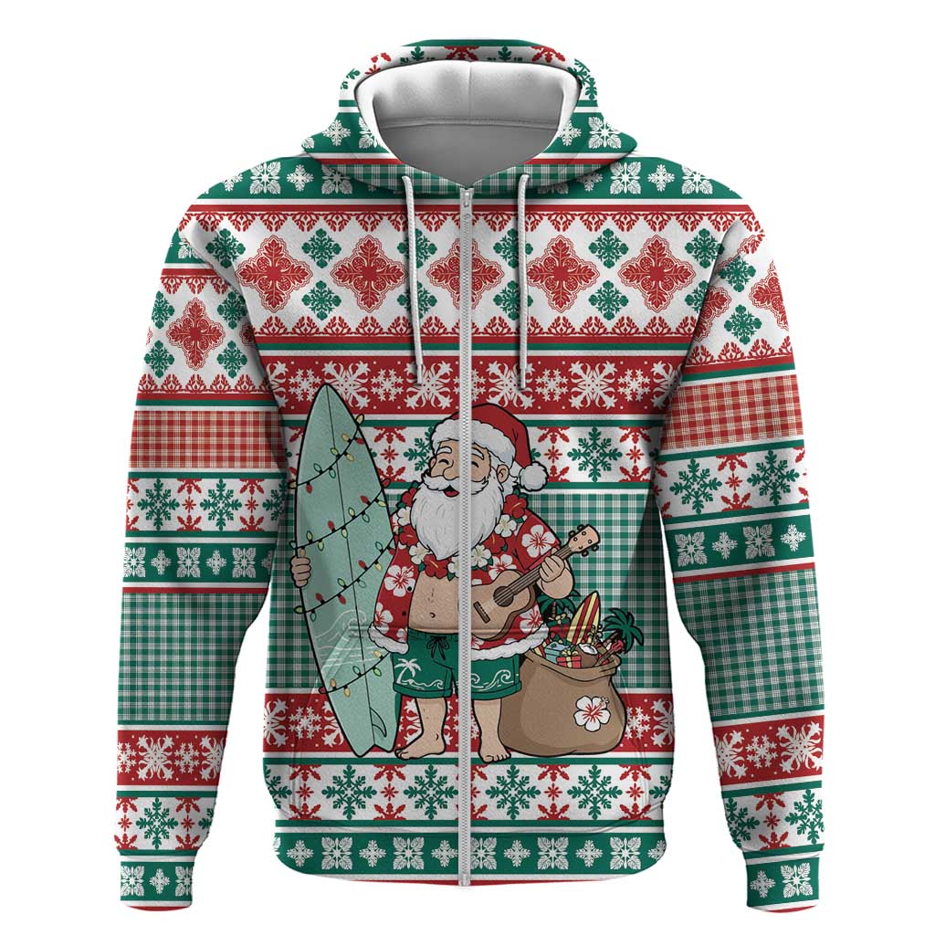 Hawaiian Funny Santa Surf Zip Hoodie Mele Kalikimaka Palaka Quilt Pattern LT9 Zip Hoodie Green - Polynesian Pride
