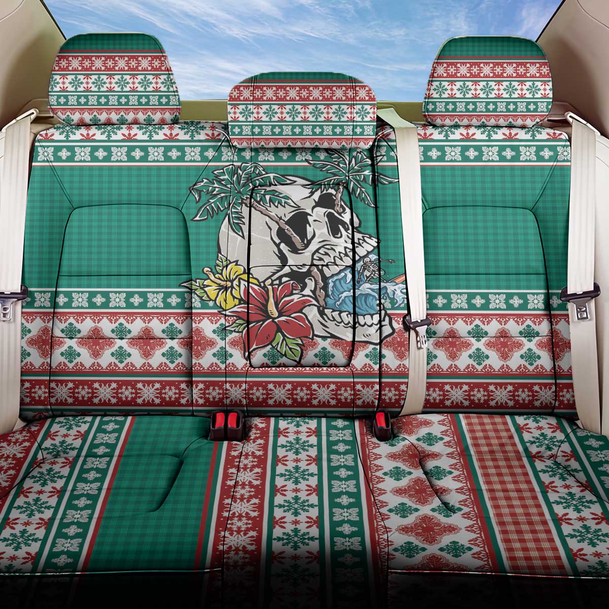Hawaiian Skull Surfs Back Car Seat Cover Mele Kalikimaka Palaka Quilt Pattern LT9 One Size Green - Polynesian Pride