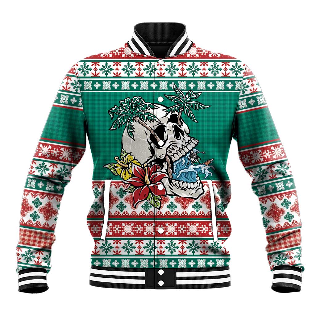 Hawaiian Skull Surfs Baseball Jacket Mele Kalikimaka Palaka Quilt Pattern LT9 Unisex Green - Polynesian Pride