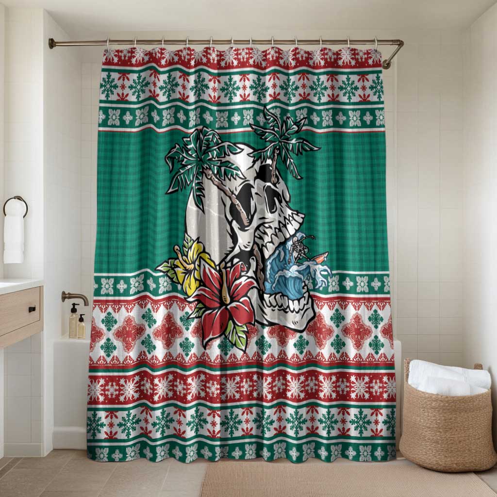 Hawaiian Skull Surfs Bathroom Set Mele Kalikimaka Palaka Quilt Pattern LT9 Shower Curtain Only Green - Polynesian Pride