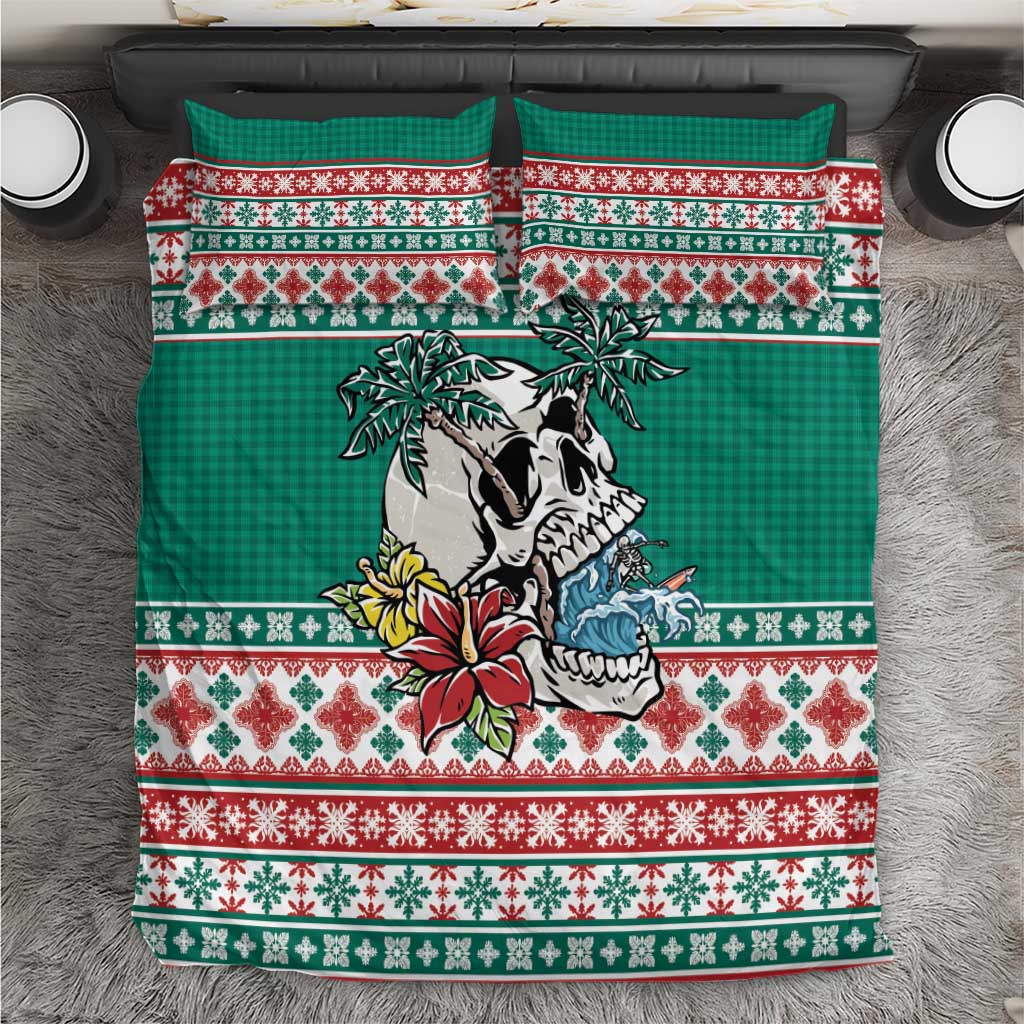 Hawaiian Skull Surfs Bedding Set Mele Kalikimaka Palaka Quilt Pattern LT9 Green - Polynesian Pride