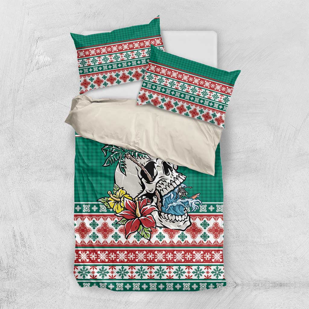 Hawaiian Skull Surfs Bedding Set Mele Kalikimaka Palaka Quilt Pattern LT9 US Twin 172cm x 218cm Green - Polynesian Pride