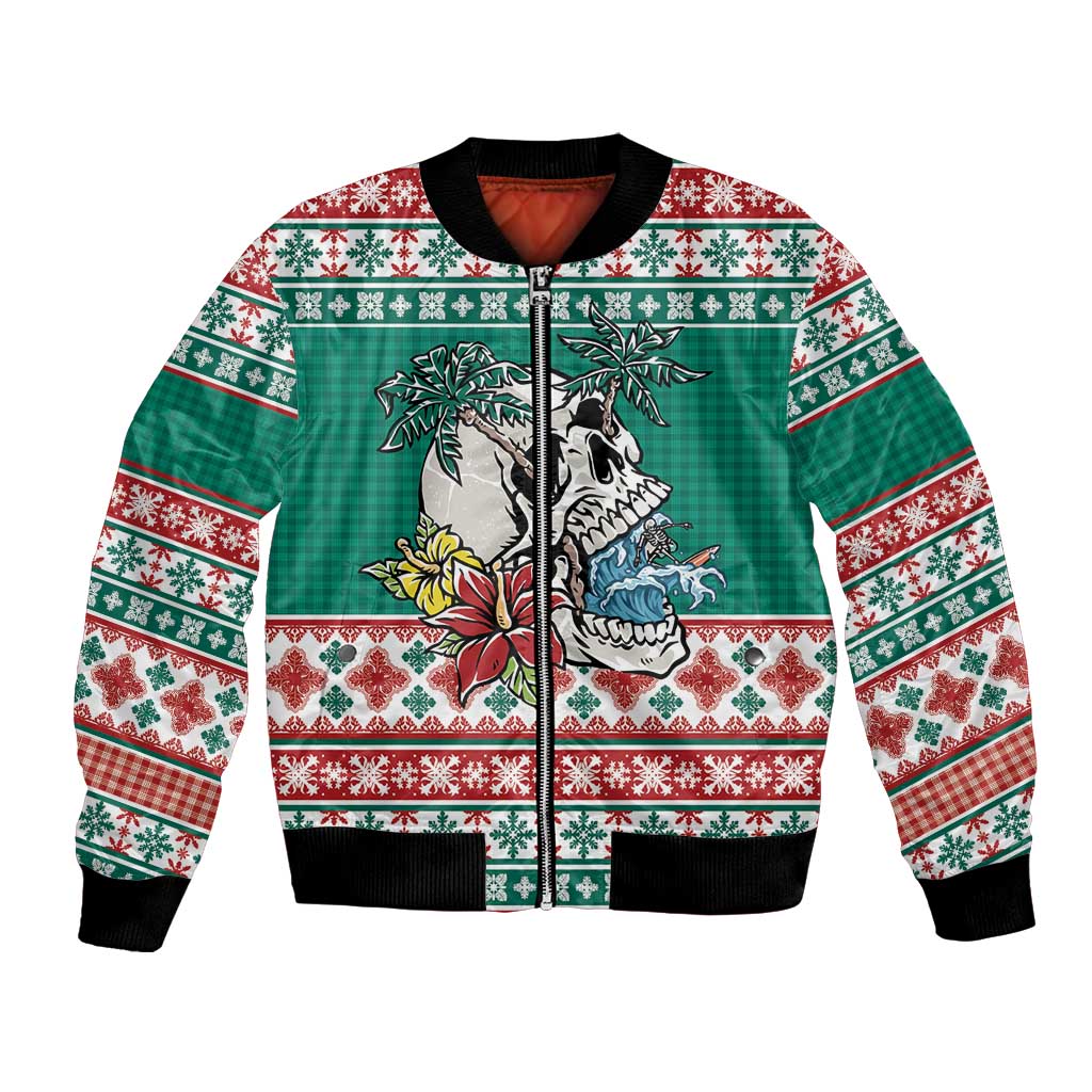 Hawaiian Skull Surfs Bomber Jacket Mele Kalikimaka Palaka Quilt Pattern LT9 Unisex Green - Polynesian Pride