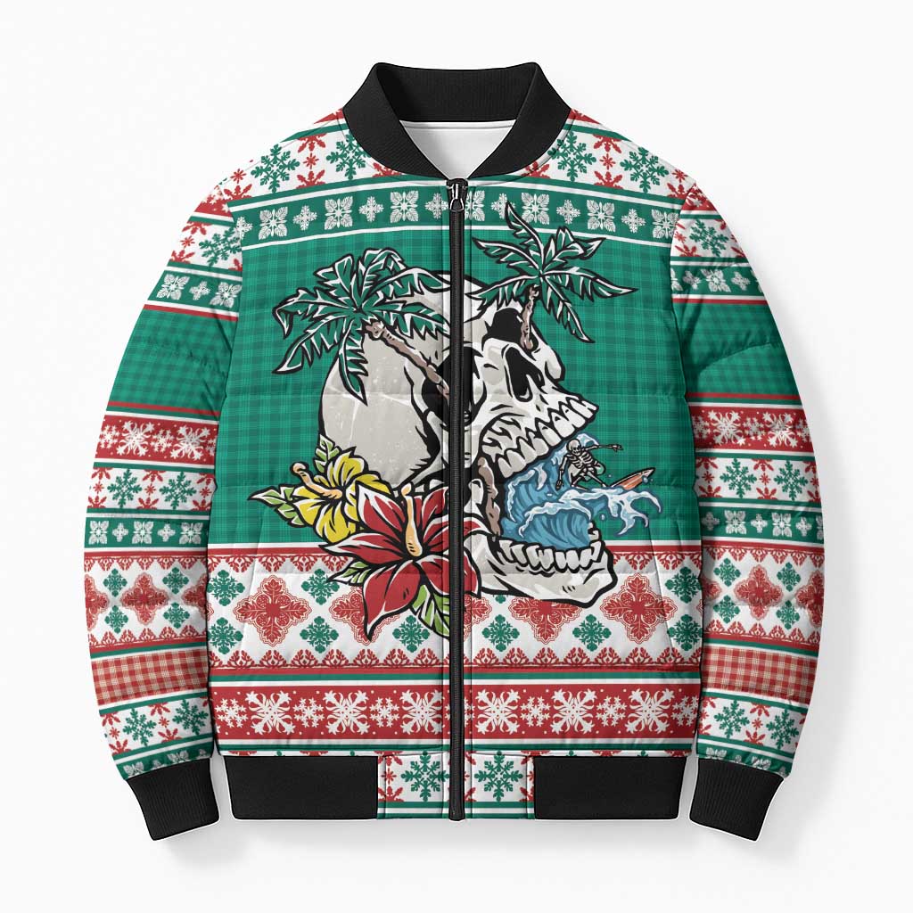 Hawaiian Skull Surfs Bomber Puffer Jacket Mele Kalikimaka Palaka Quilt Pattern LT9 Unisex Green - Polynesian Pride