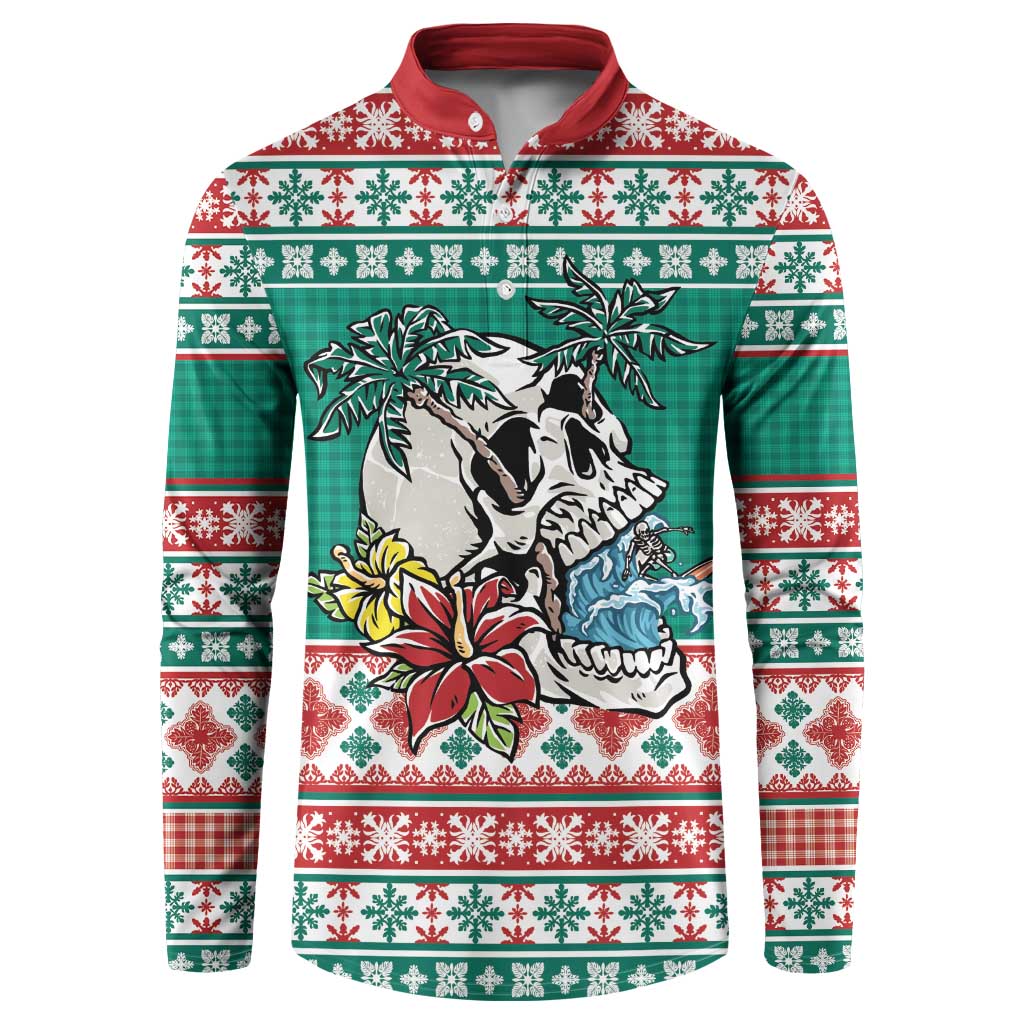 Hawaiian Skull Surfs Button Sweatshirt Mele Kalikimaka Palaka Quilt Pattern LT9 Green - Polynesian Pride