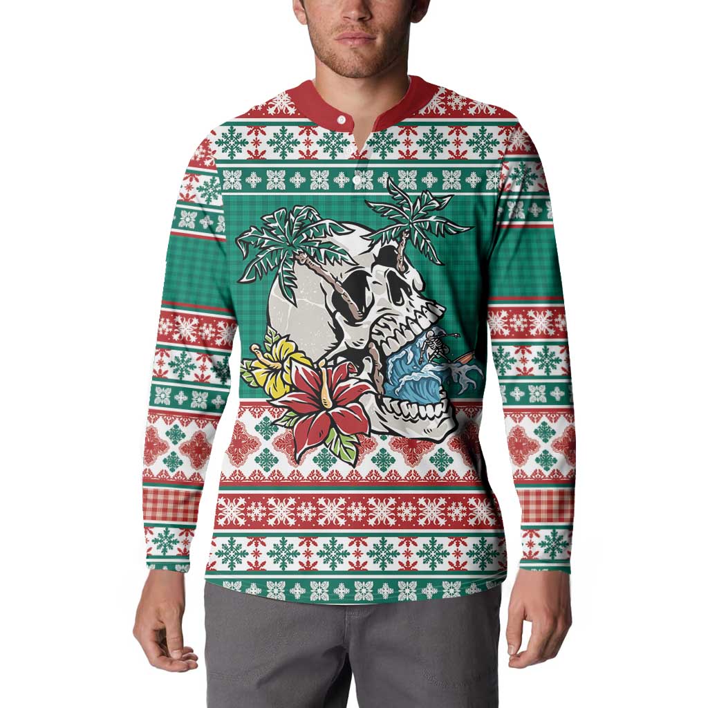 Hawaiian Skull Surfs Button Sweatshirt Mele Kalikimaka Palaka Quilt Pattern LT9 - Polynesian Pride