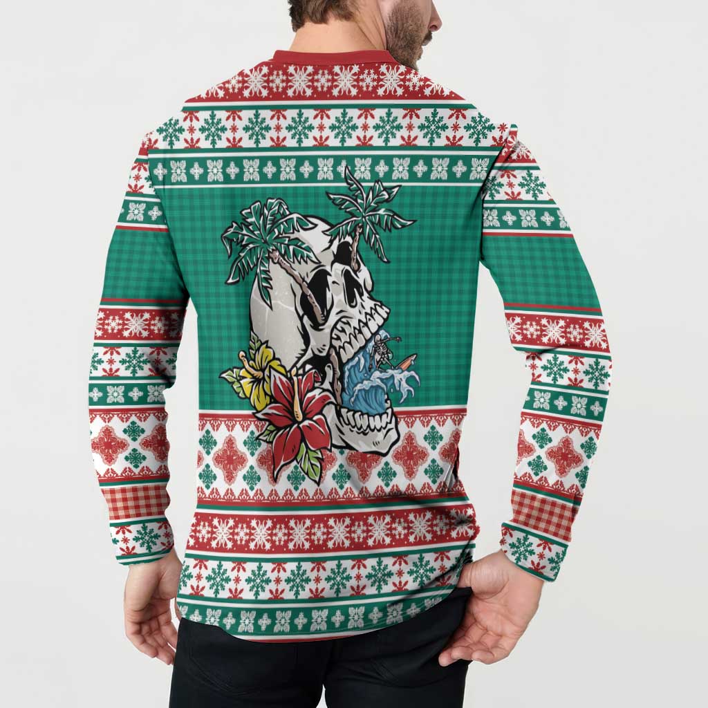 Hawaiian Skull Surfs Button Sweatshirt Mele Kalikimaka Palaka Quilt Pattern LT9 - Polynesian Pride