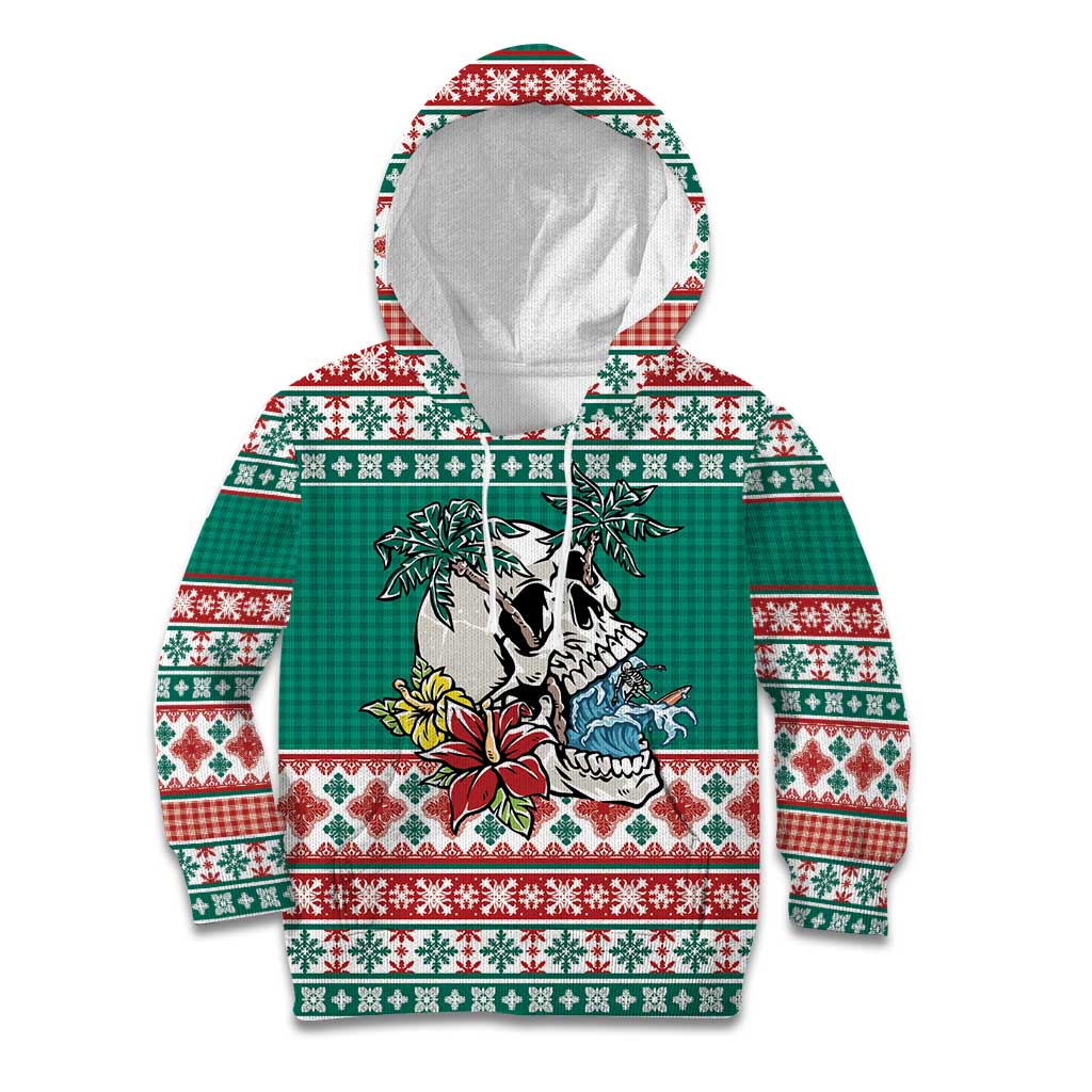 Hawaiian Skull Surfs Kid Hoodie Mele Kalikimaka Palaka Quilt Pattern LT9 Hoodie Green - Polynesian Pride