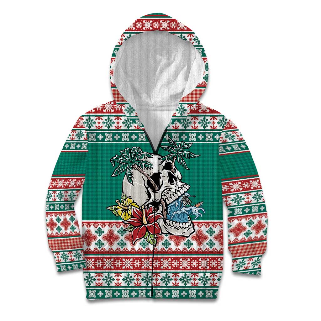 Hawaiian Skull Surfs Kid Hoodie Mele Kalikimaka Palaka Quilt Pattern LT9 Zip Hoodie Green - Polynesian Pride
