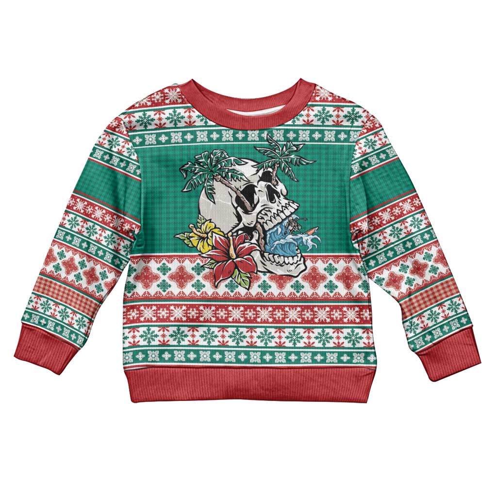 Hawaiian Skull Surfs Kid Ugly Christmas Sweater Mele Kalikimaka Palaka Quilt Pattern LT9 Kid Green - Polynesian Pride