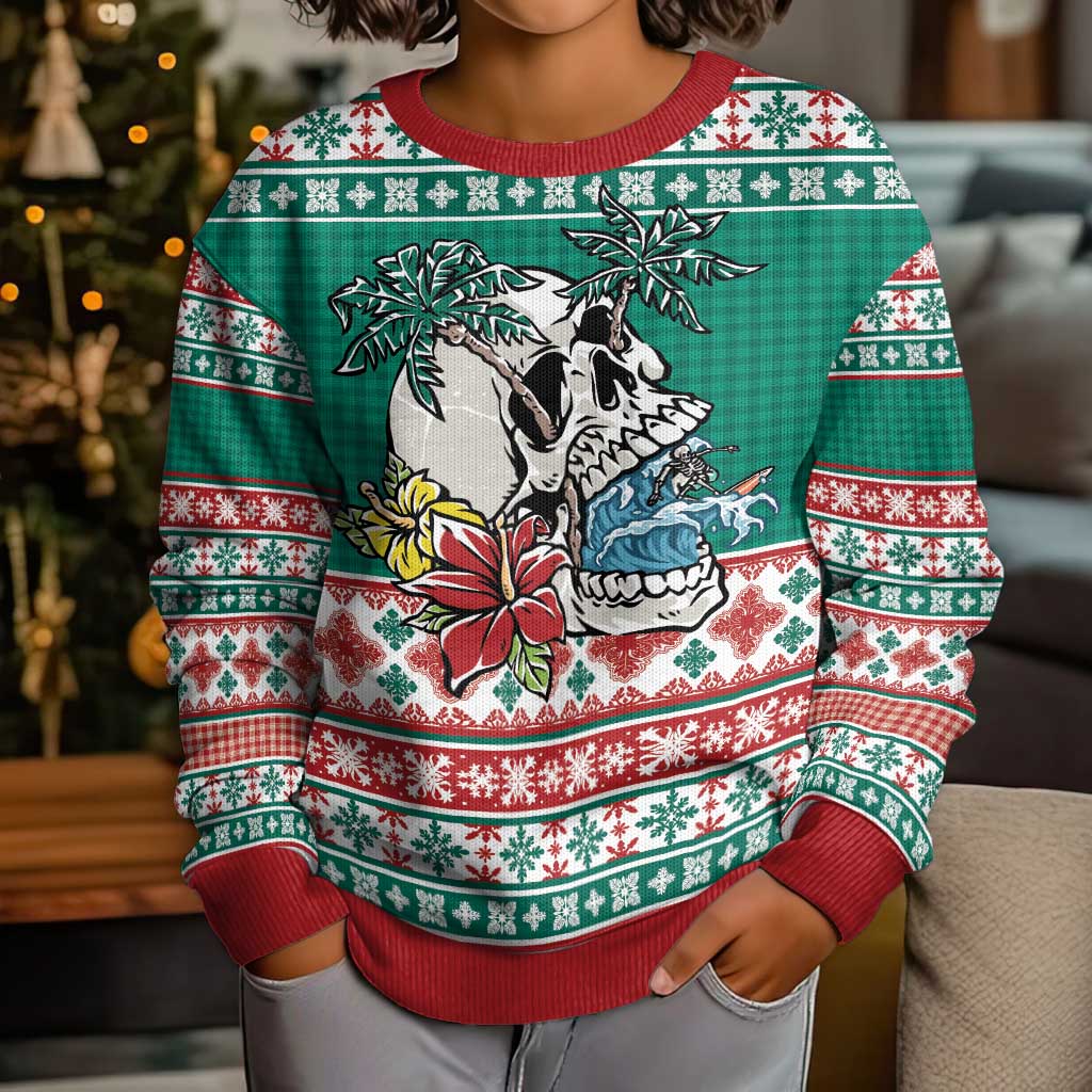 Hawaiian Skull Surfs Kid Ugly Christmas Sweater Mele Kalikimaka Palaka Quilt Pattern LT9 - Polynesian Pride