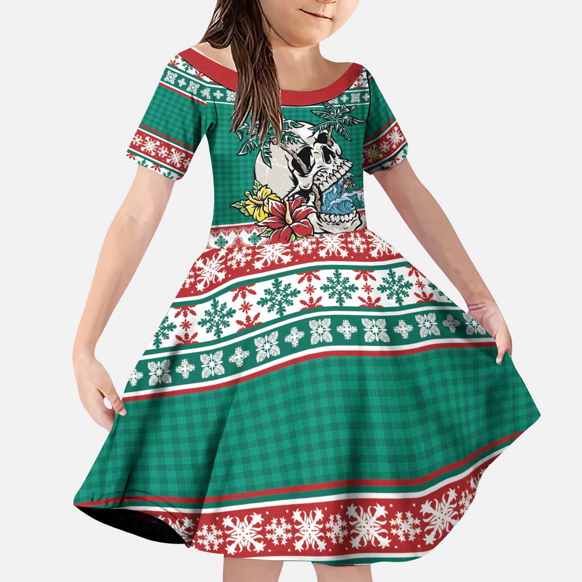 Hawaiian Skull Surfs Kid Short Sleeve Dress Mele Kalikimaka Palaka Quilt Pattern LT9 KID Green - Polynesian Pride