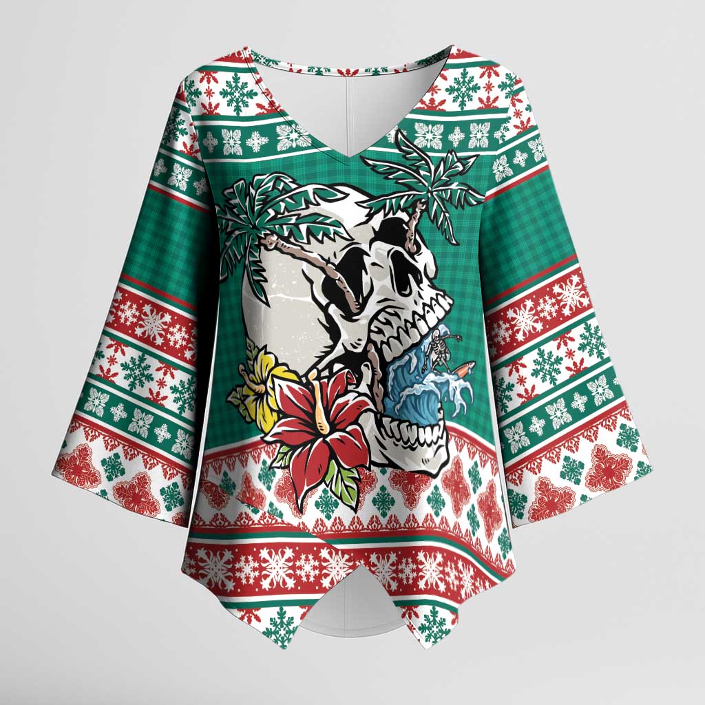Hawaiian Skull Surfs Kimono Sleeve Blouse Mele Kalikimaka Palaka Quilt Pattern LT9 Female Green - Polynesian Pride