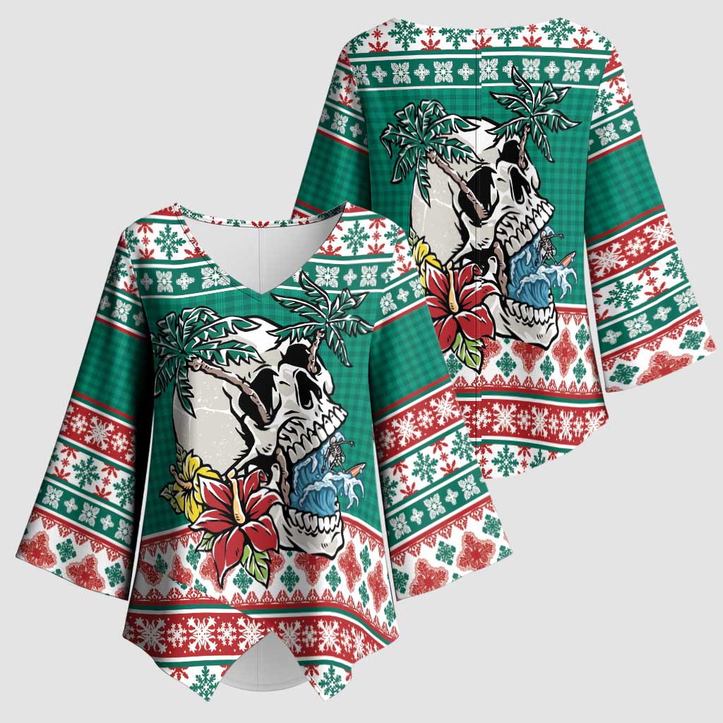 Hawaiian Skull Surfs Kimono Sleeve Blouse Mele Kalikimaka Palaka Quilt Pattern LT9 - Polynesian Pride