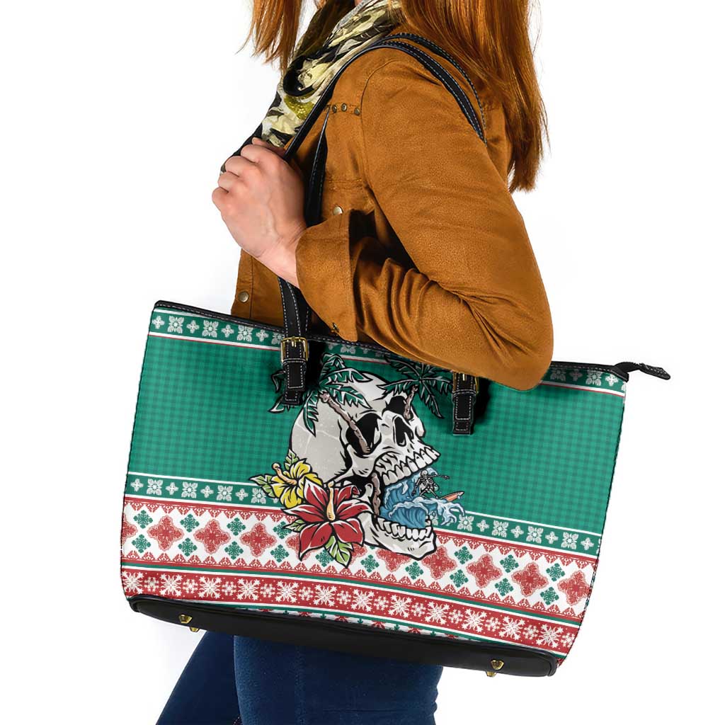 Hawaiian Skull Surfs Leather Tote Bag Mele Kalikimaka Palaka Quilt Pattern LT9 Green - Polynesian Pride