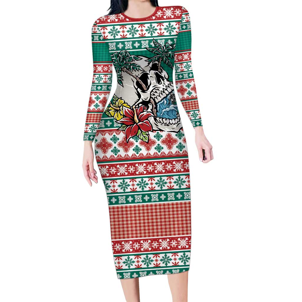 Hawaiian Skull Surfs Long Sleeve Bodycon Dress Mele Kalikimaka Palaka Quilt Pattern LT9 Long Dress Green - Polynesian Pride