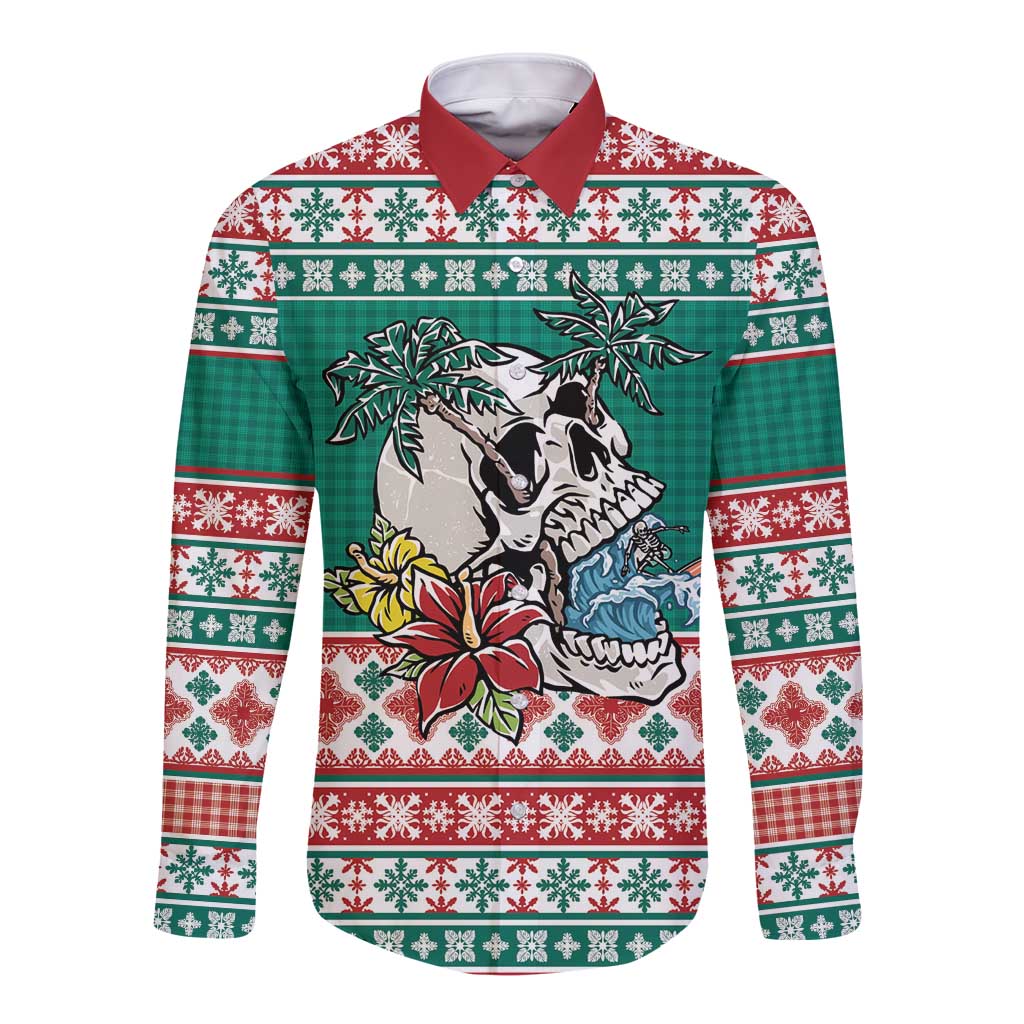 Hawaiian Skull Surfs Long Sleeve Button Shirt Mele Kalikimaka Palaka Quilt Pattern LT9 Unisex Green - Polynesian Pride