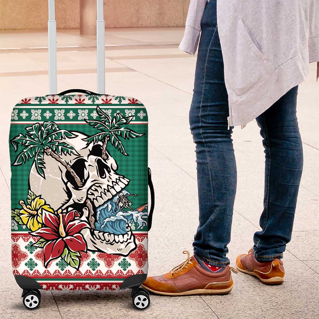Hawaiian Skull Surfs Luggage Cover Mele Kalikimaka Palaka Quilt Pattern LT9 Green - Polynesian Pride