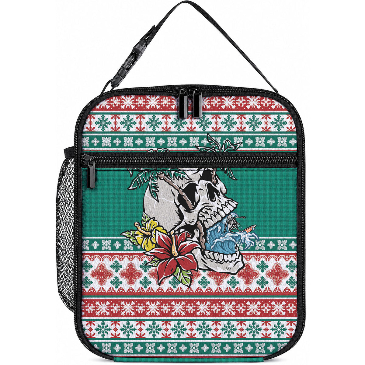 Hawaiian Skull Surfs Lunch Bag Mele Kalikimaka Palaka Quilt Pattern LT9 10.2 × 8.3 × 4.3 inch Green - Polynesian Pride