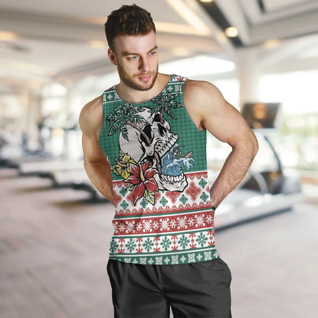 Hawaiian Skull Surfs Men Tank Top Mele Kalikimaka Palaka Quilt Pattern LT9 Green - Polynesian Pride