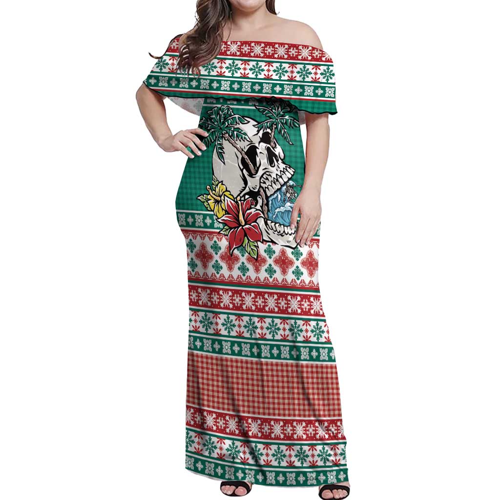 Hawaiian Skull Surfs Off Shoulder Maxi Dress Mele Kalikimaka Palaka Quilt Pattern LT9 Women Green - Polynesian Pride