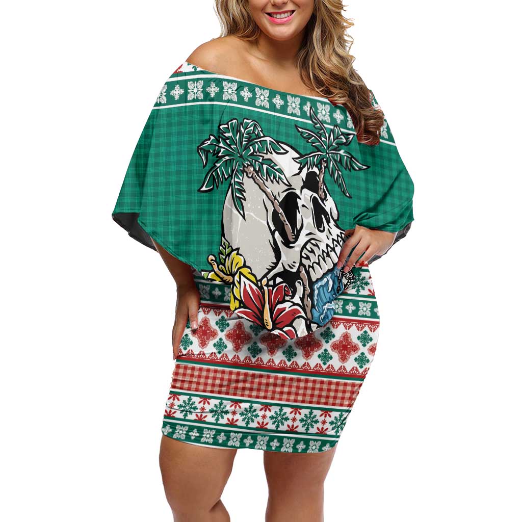 Hawaiian Skull Surfs Off Shoulder Short Dress Mele Kalikimaka Palaka Quilt Pattern LT9 Women Green - Polynesian Pride