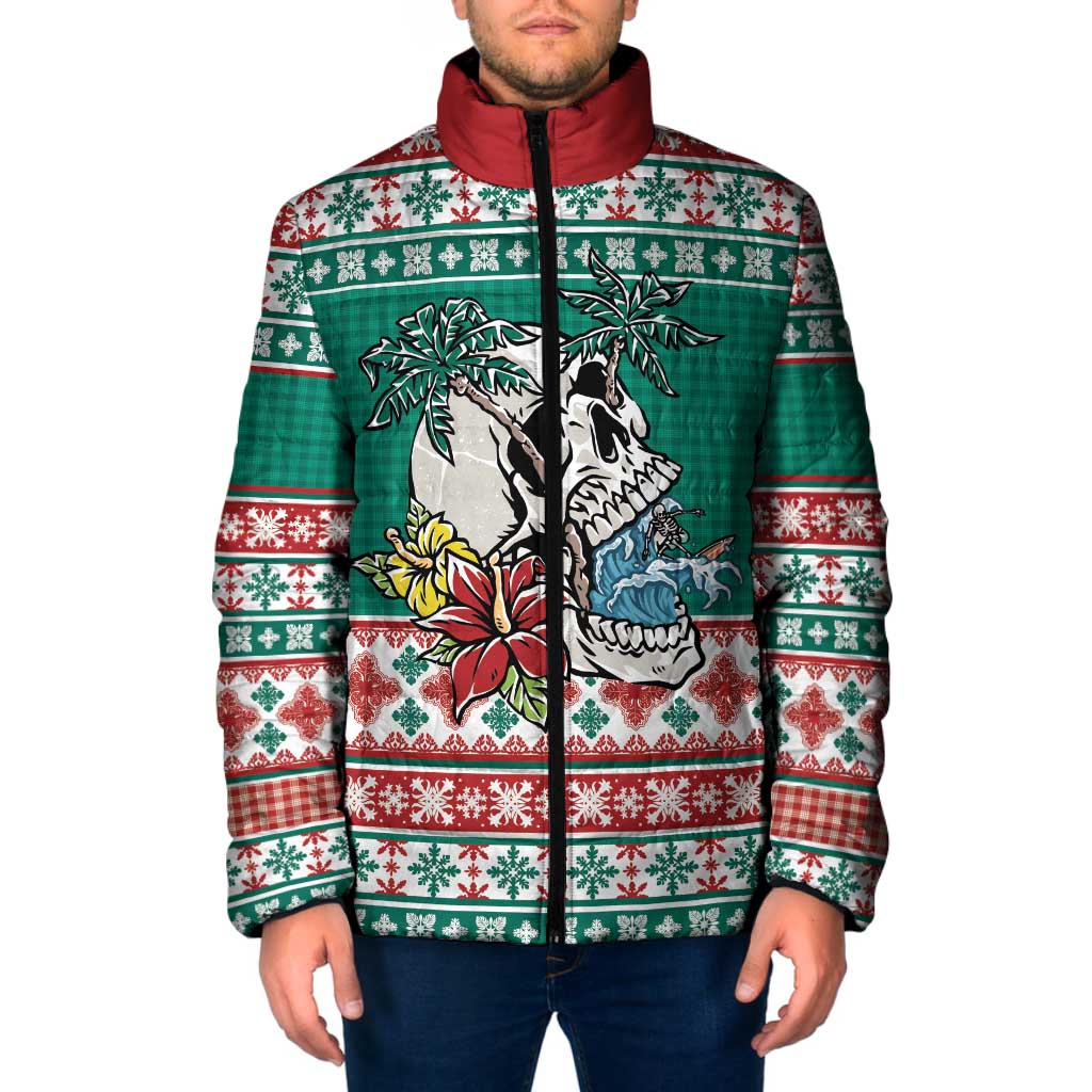 Hawaiian Skull Surfs Padded Jacket Mele Kalikimaka Palaka Quilt Pattern LT9 Men Green - Polynesian Pride