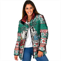 Hawaiian Skull Surfs Padded Jacket Mele Kalikimaka Palaka Quilt Pattern LT9 Women Green - Polynesian Pride