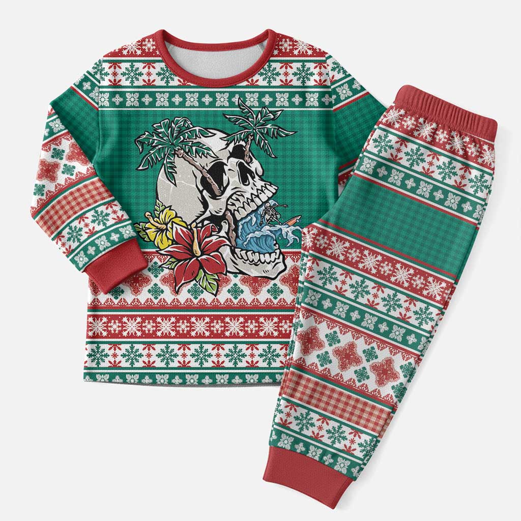 Hawaiian Skull Surfs Christmas Pajama Set Mele Kalikimaka Palaka Quilt Pattern LT9 Men Green - Polynesian Pride