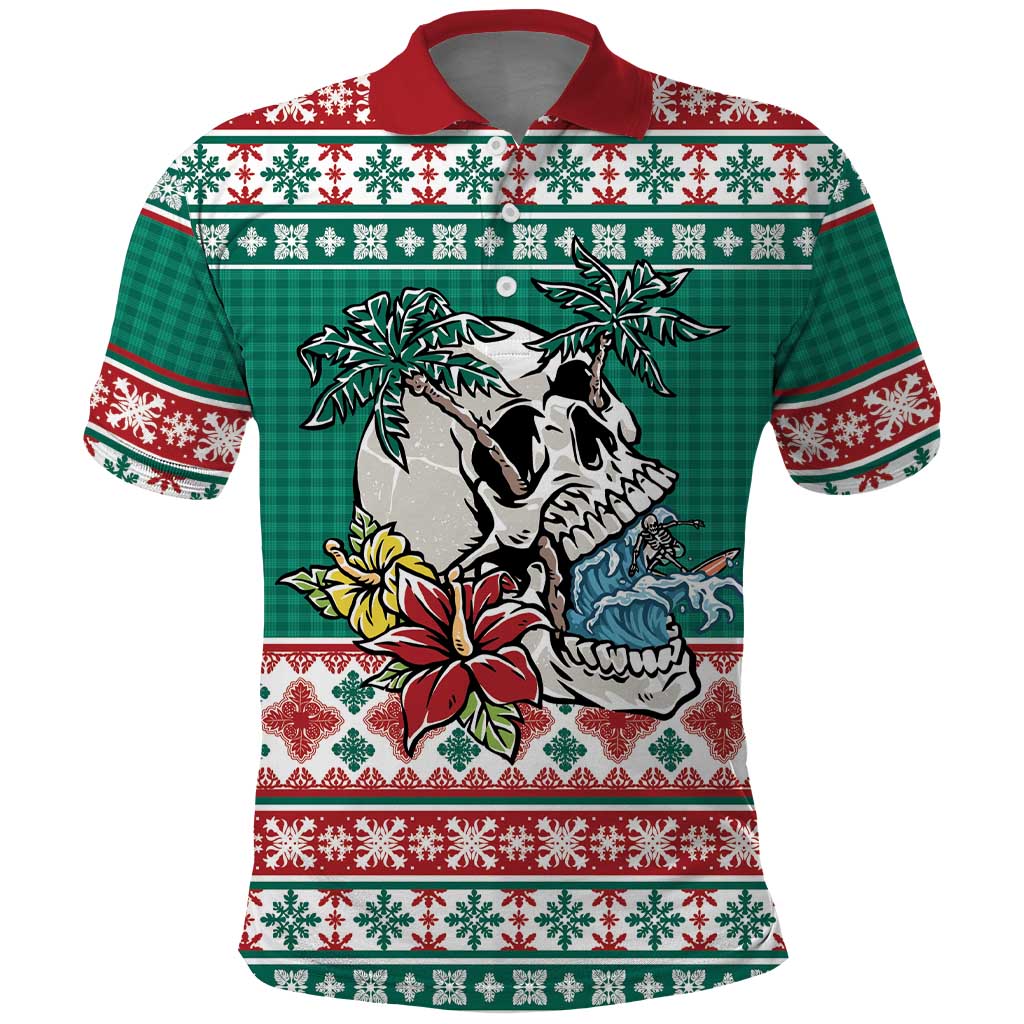 Hawaiian Skull Surfs Polo Shirt Mele Kalikimaka Palaka Quilt Pattern LT9 Green - Polynesian Pride