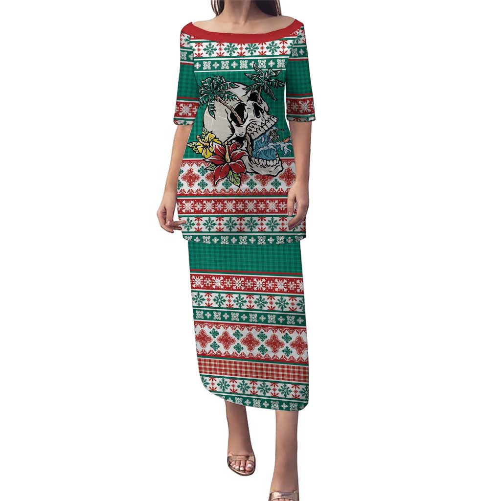Hawaiian Skull Surfs Puletasi Mele Kalikimaka Palaka Quilt Pattern LT9 Long Dress Green - Polynesian Pride