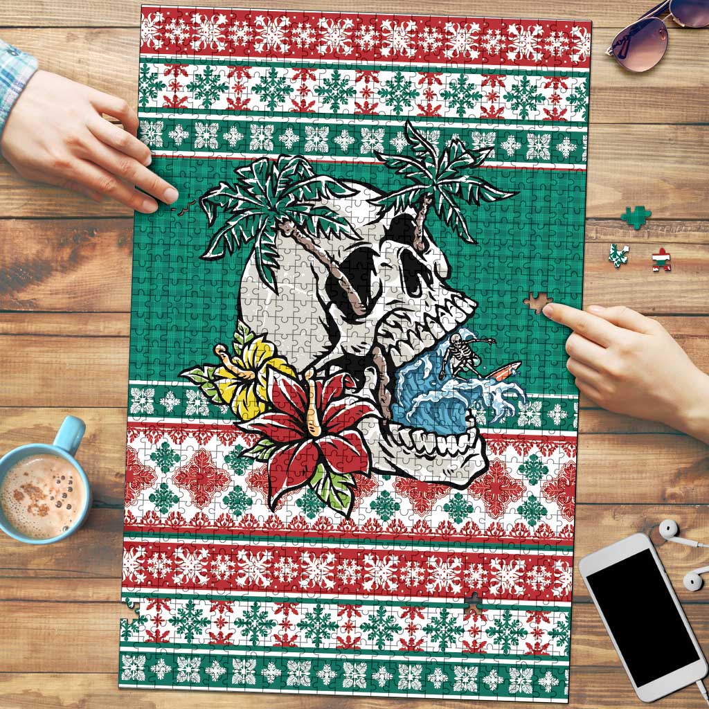 Hawaiian Skull Surfs Puzzle Mele Kalikimaka Palaka Quilt Pattern LT9 Green - Polynesian Pride