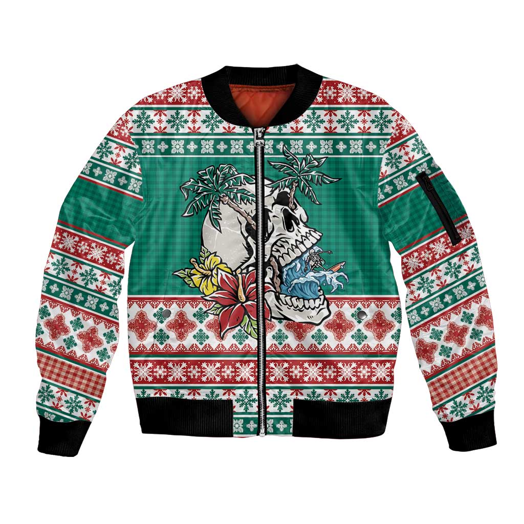 Hawaiian Skull Surfs Sleeve Zip Bomber Jacket Mele Kalikimaka Palaka Quilt Pattern LT9 Unisex Green - Polynesian Pride