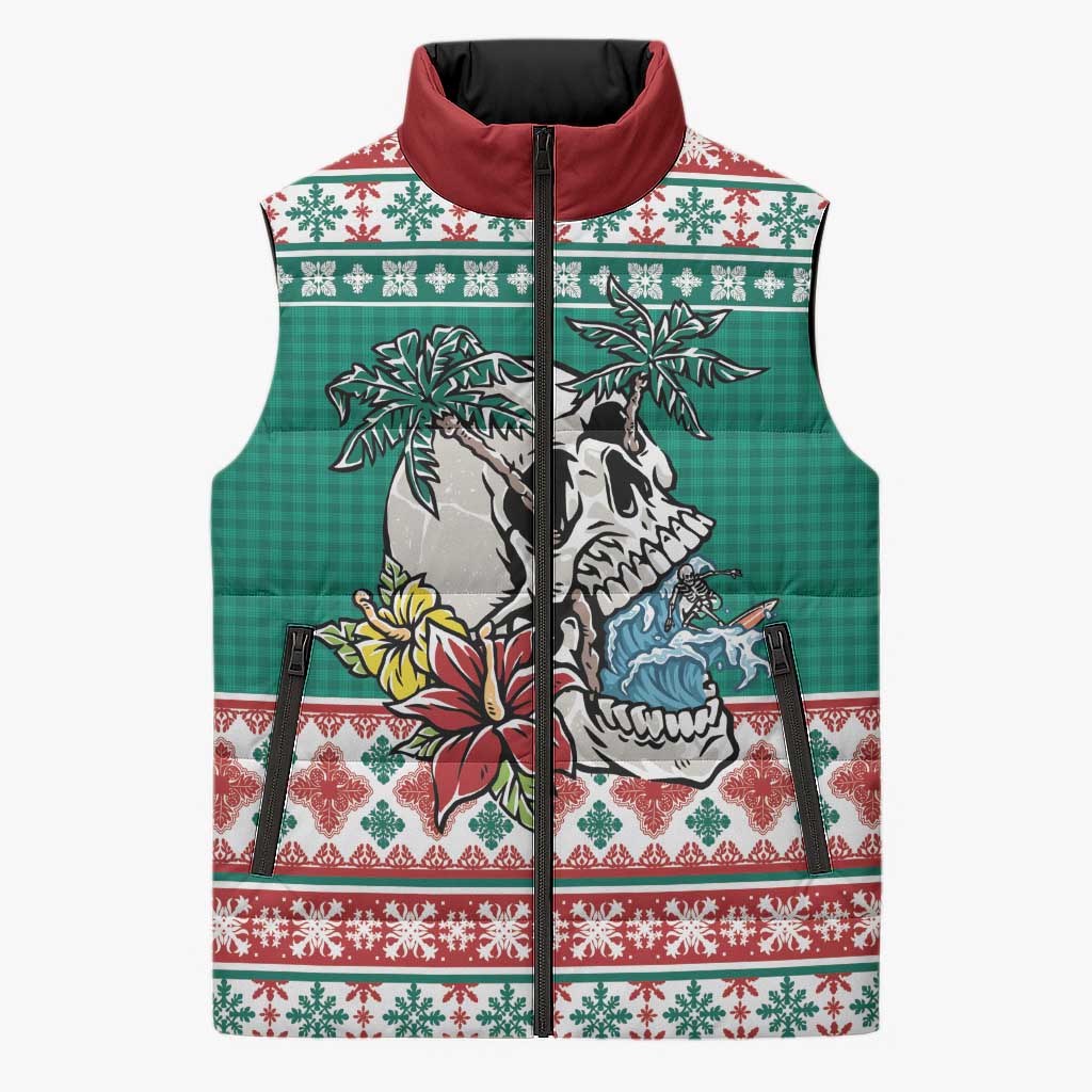 Hawaiian Skull Surfs Sleeveless Puffer Jacket Mele Kalikimaka Palaka Quilt Pattern LT9 Unisex Green - Polynesian Pride