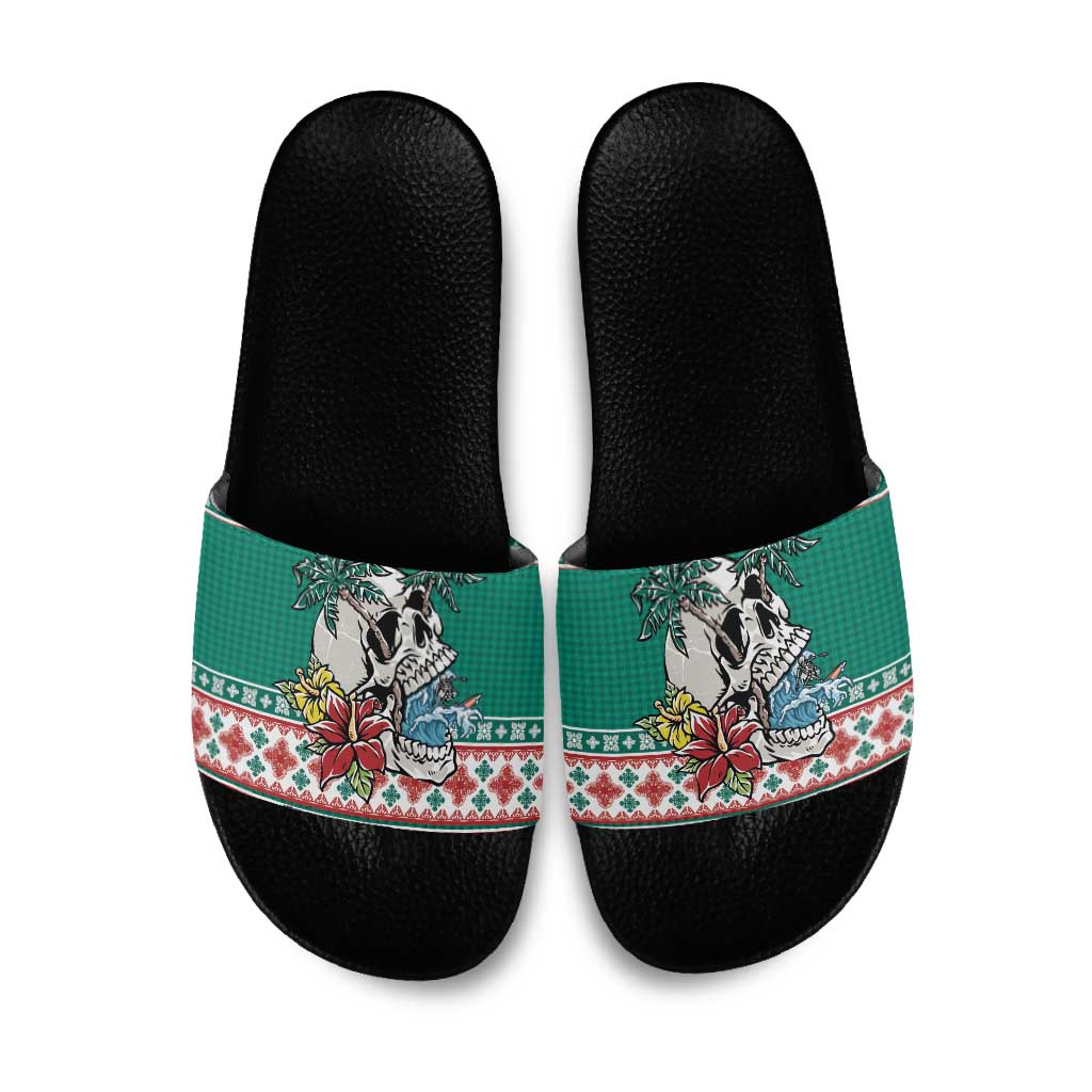 Hawaiian Skull Surfs Slide Sandals Mele Kalikimaka Palaka Quilt Pattern LT9 Green - Polynesian Pride