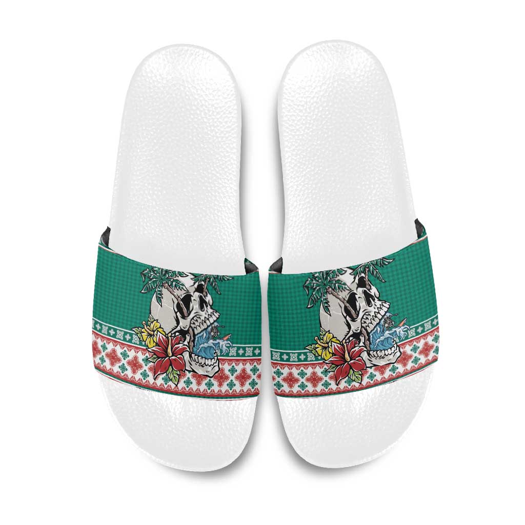 Hawaiian Skull Surfs Slide Sandals Mele Kalikimaka Palaka Quilt Pattern LT9 Green - Polynesian Pride