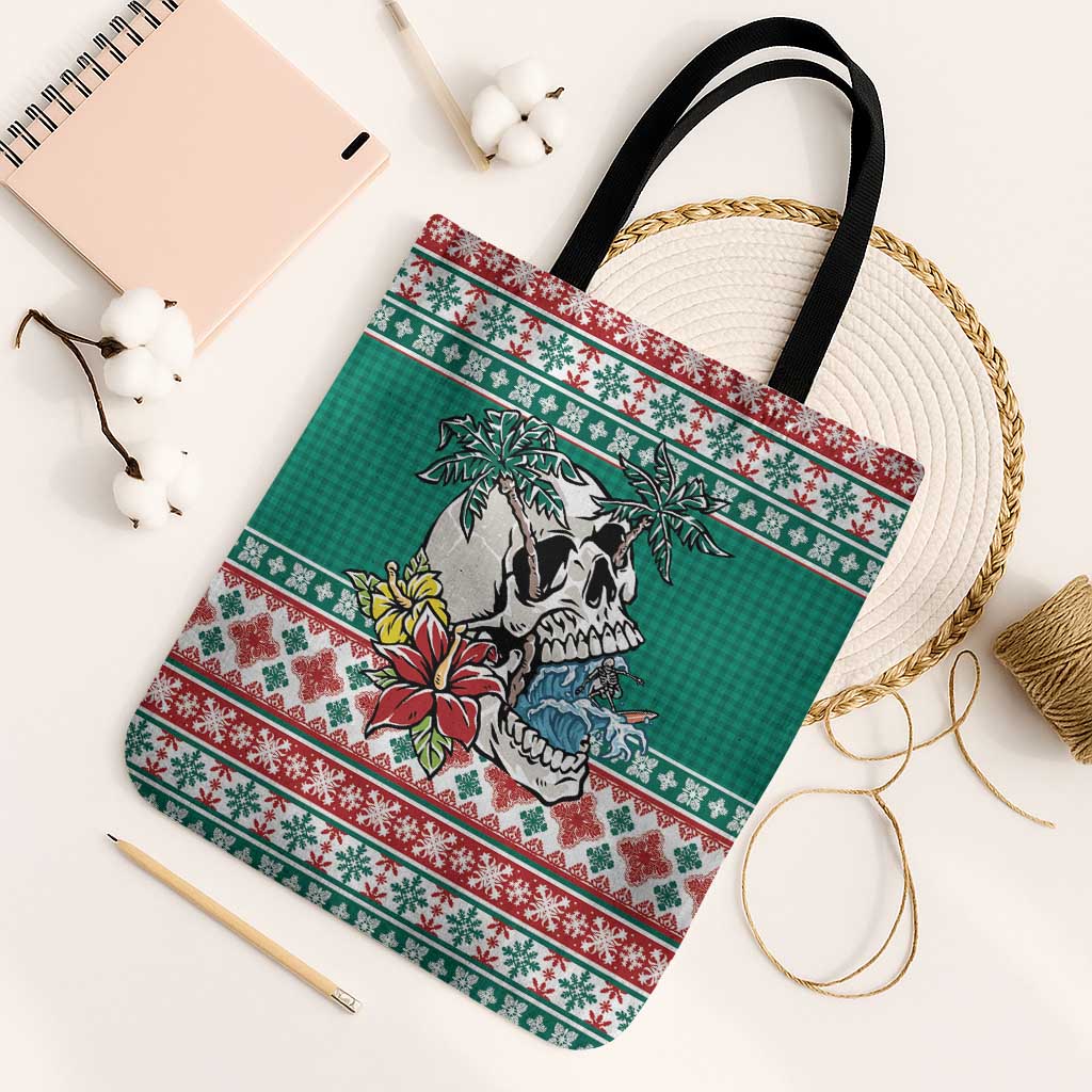 Hawaiian Skull Surfs Tote Bag Mele Kalikimaka Palaka Quilt Pattern LT9 Black Strap One Size Green - Polynesian Pride