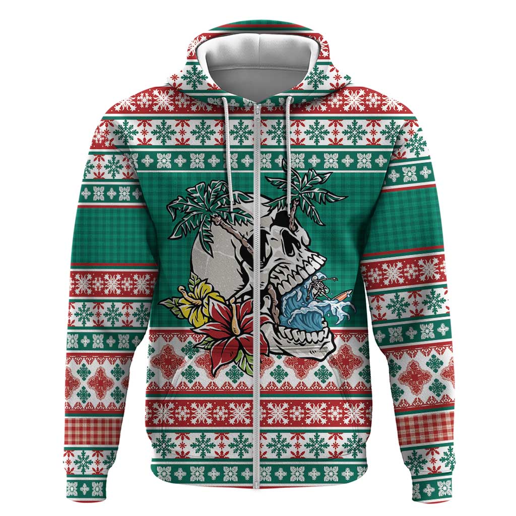 Hawaiian Skull Surfs Zip Hoodie Mele Kalikimaka Palaka Quilt Pattern LT9 Zip Hoodie Green - Polynesian Pride