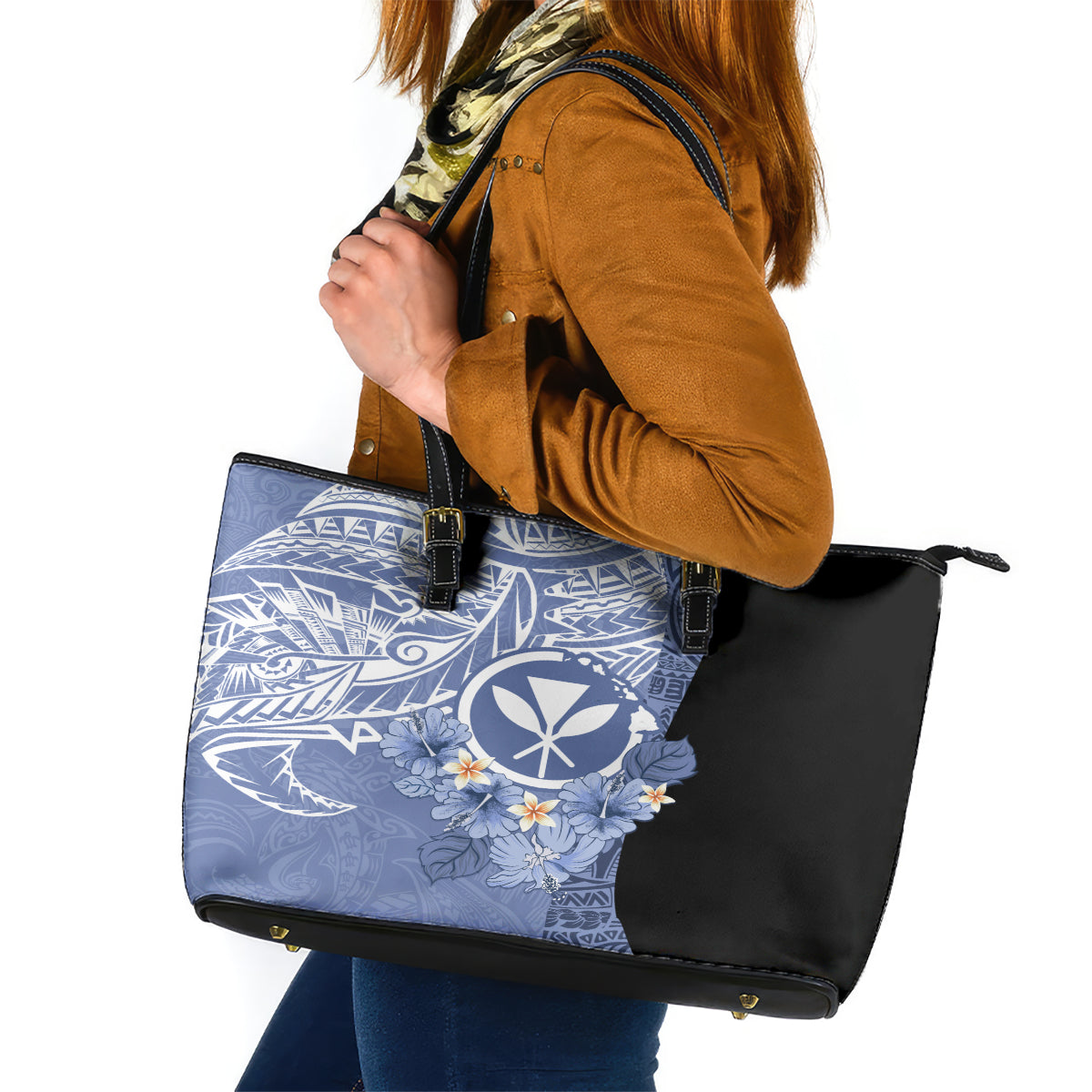 Aloha Vintage Hawaii Tribal Leather Tote Bag Blue Style LT9 Blue - Polynesian Pride