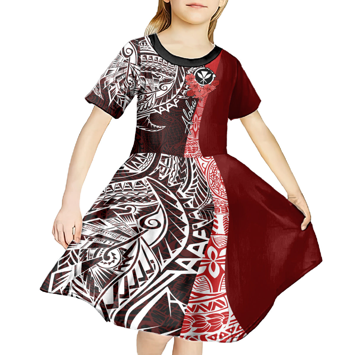 Aloha Vintage Hawaii Tribal Kid Short Sleeve Dress Red Style LT9 - Polynesian Pride