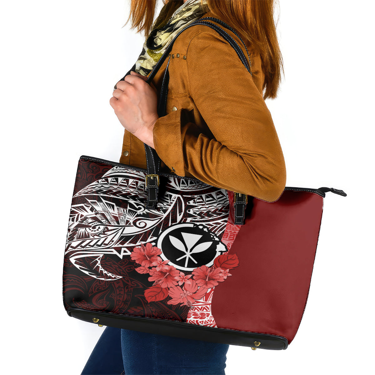 Aloha Vintage Hawaii Tribal Leather Tote Bag Red Style LT9 Red - Polynesian Pride