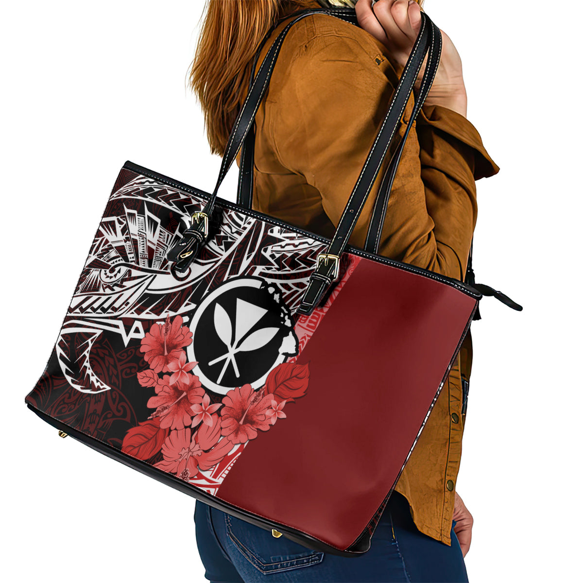 Aloha Vintage Hawaii Tribal Leather Tote Bag Red Style LT9 - Polynesian Pride
