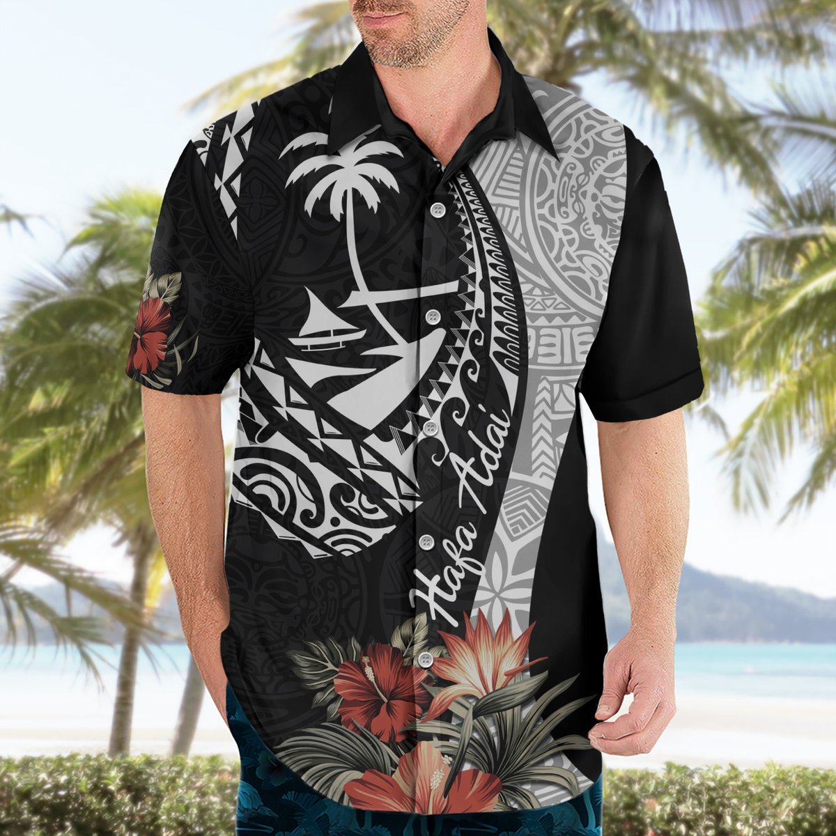 Hafa Adai Guam Hawaiian Shirt Tropical Flowers with Polynesian Pattern LT9 - Polynesian Pride