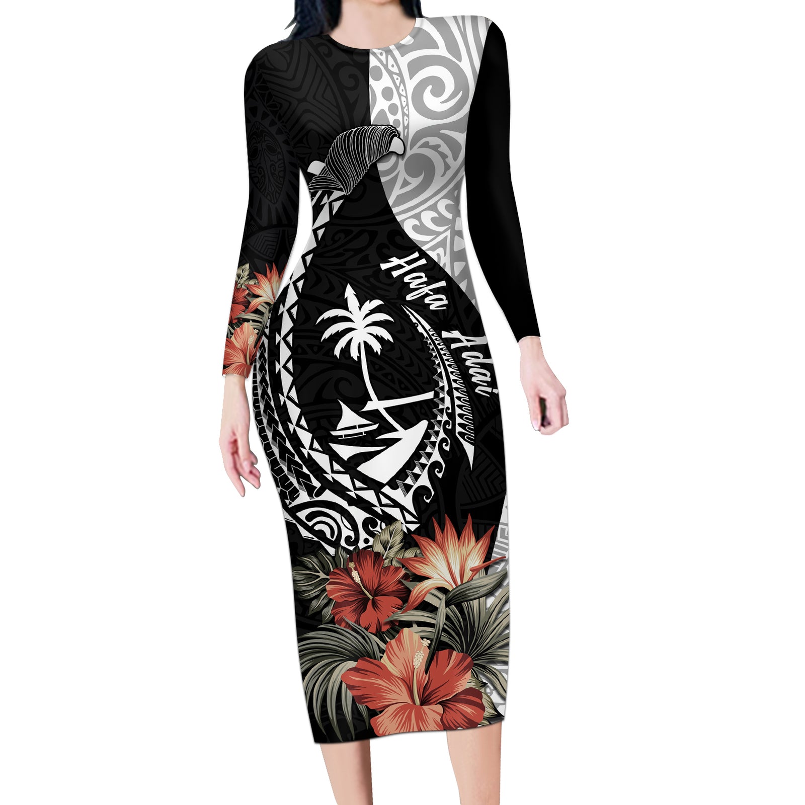 Hafa Adai Guam Long Sleeve Bodycon Dress Tropical Flowers with Polynesian Pattern LT9 Long Dress Black - Polynesian Pride