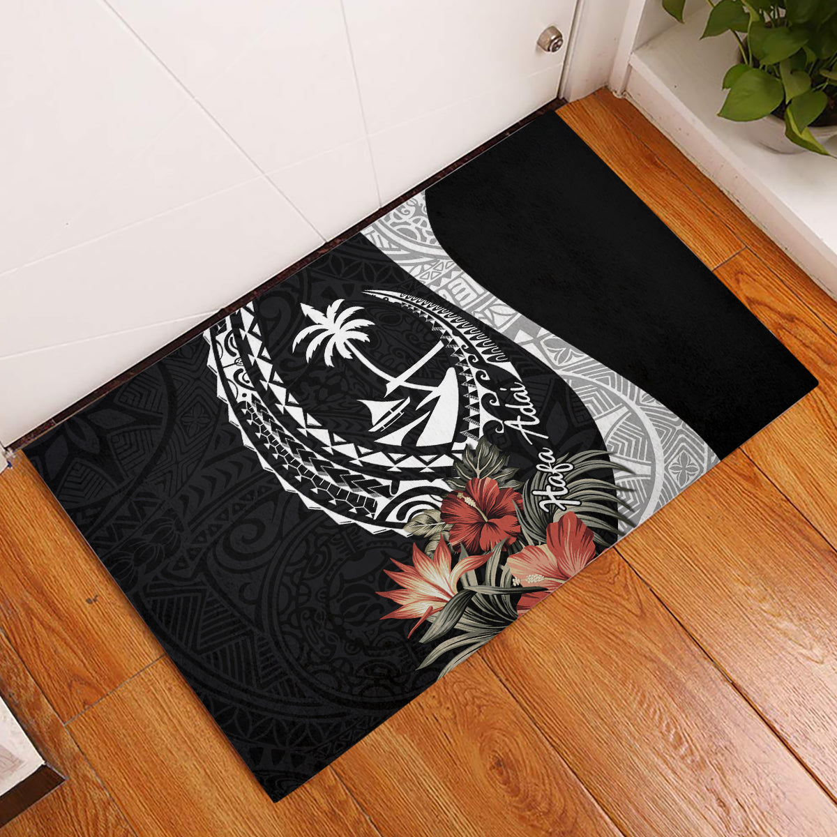 Hafa Adai Guam Rubber Doormat Tropical Flowers with Polynesian Pattern LT9 Black - Polynesian Pride