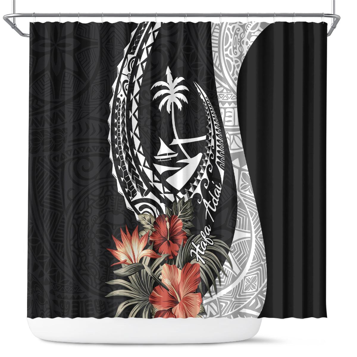 Hafa Adai Guam Shower Curtain Tropical Flowers with Polynesian Pattern LT9 Black - Polynesian Pride