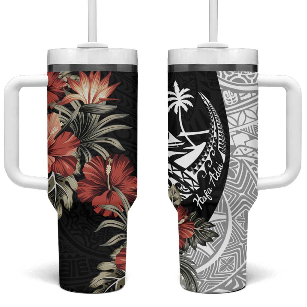 Guam Hafa Adai Tumbler With Handle Tropical Flowers with Polynesian Pattern LT9 One Size: 40 oz - Polynesian Pride