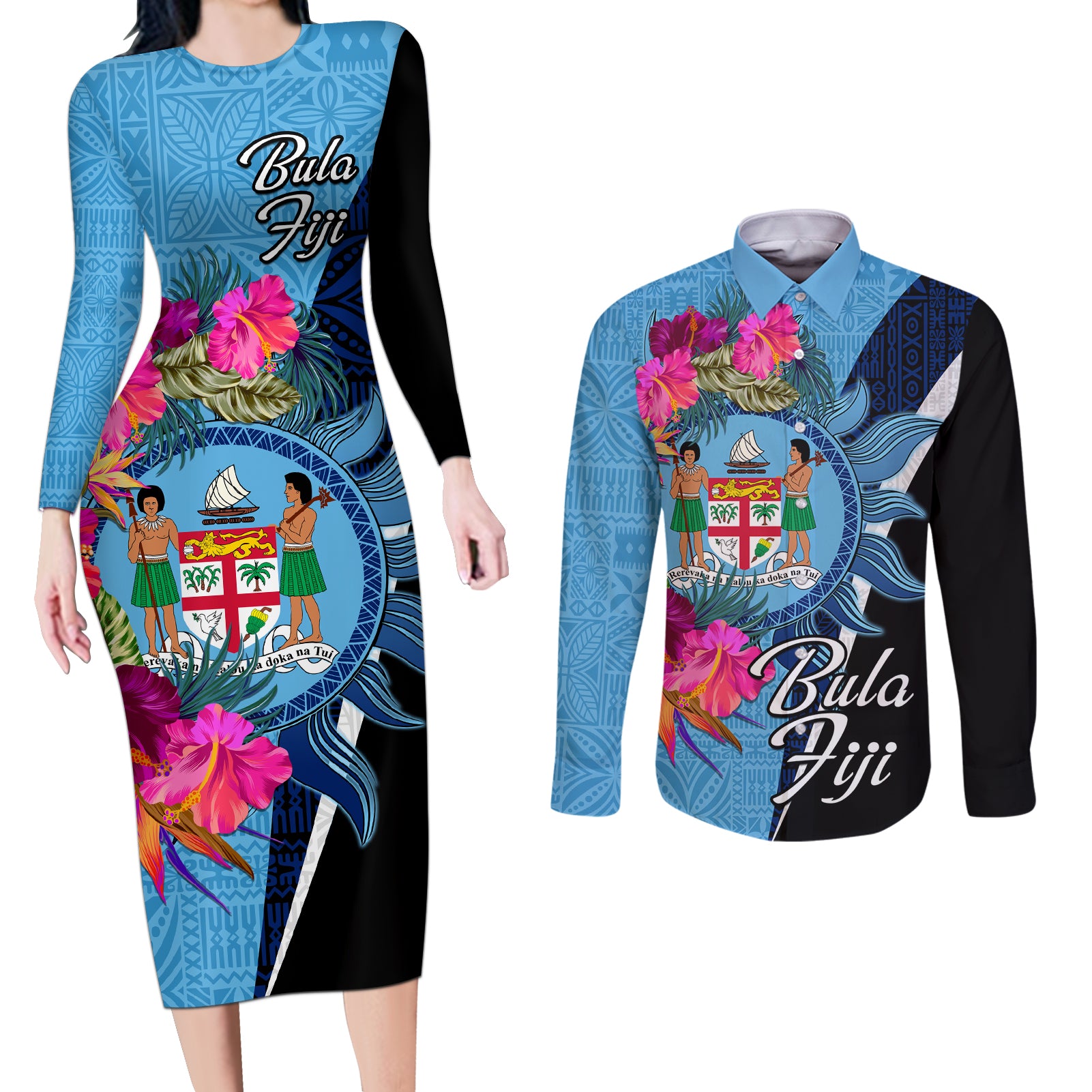 Bula Fiji Vintage Fijian Masi Pattern Couples Matching Long Sleeve Bodycon Dress and Long Sleeve Button Shirt Blue Unique LT9 Blue - Polynesian Pride