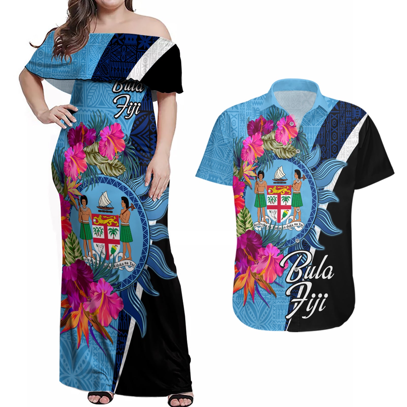 Bula Fiji Vintage Fijian Masi Pattern Couples Matching Off Shoulder Maxi Dress and Hawaiian Shirt Blue Unique LT9 Blue - Polynesian Pride