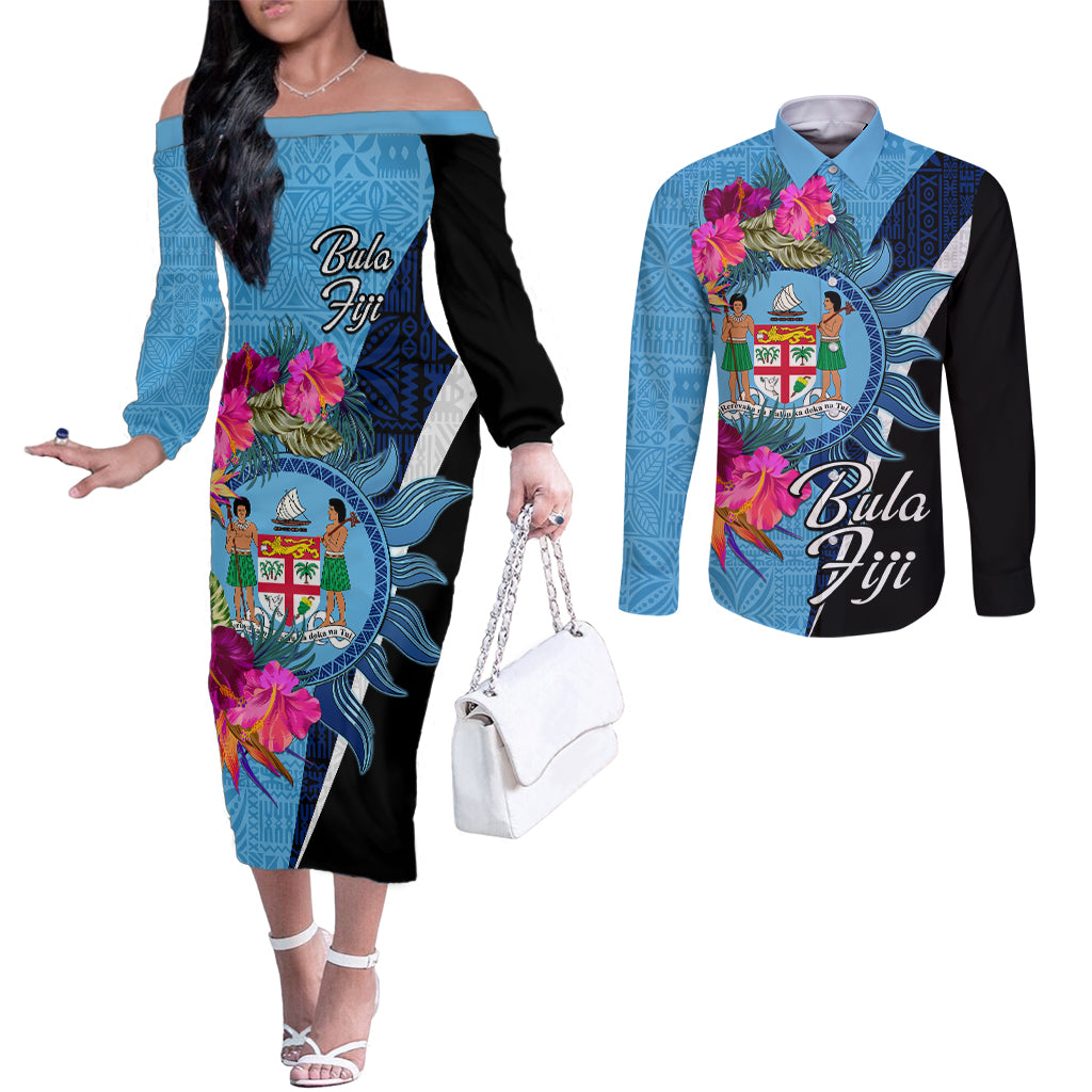 Bula Fiji Vintage Fijian Masi Pattern Couples Matching Off The Shoulder Long Sleeve Dress and Long Sleeve Button Shirt Blue Unique LT9 Blue - Polynesian Pride